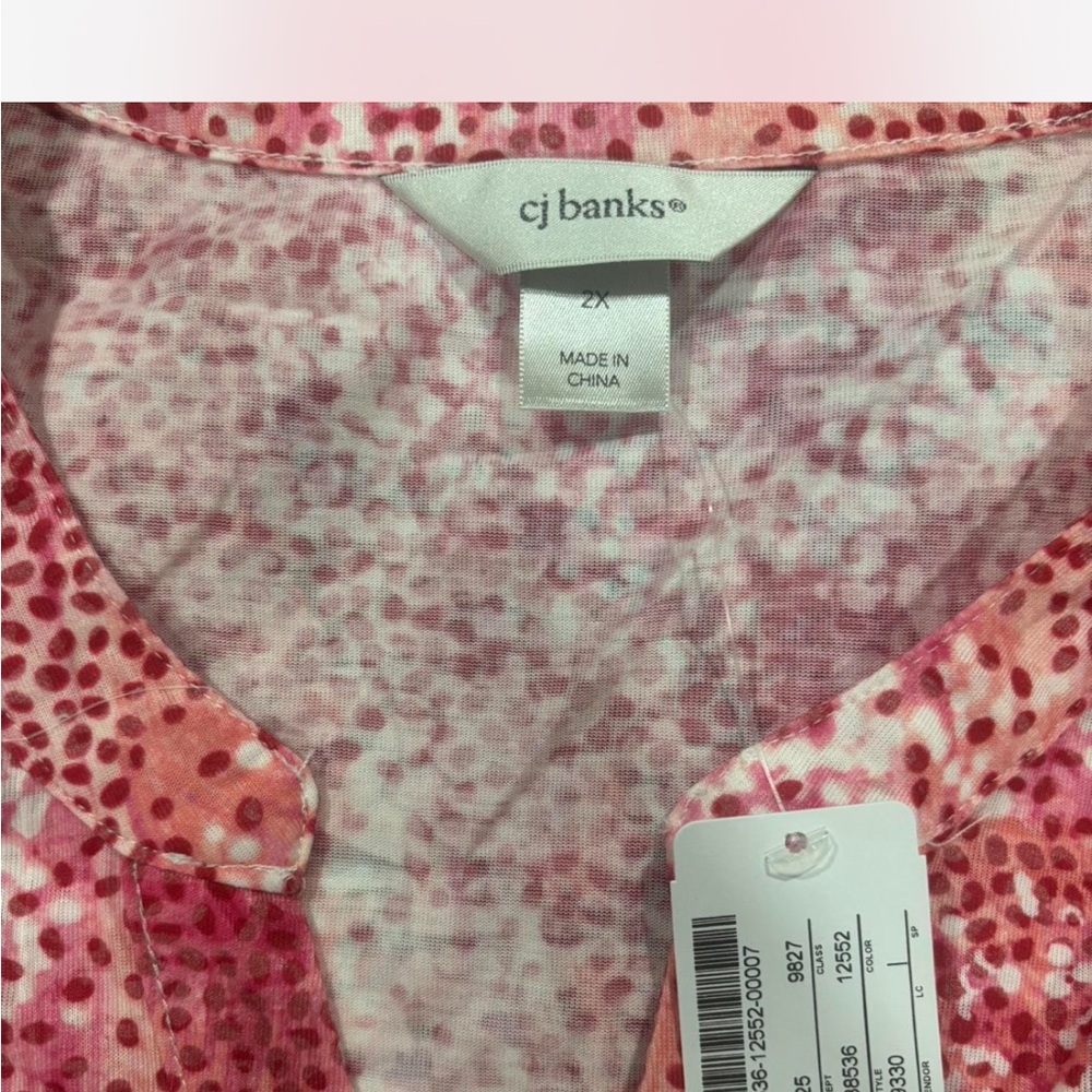 CJ Banks Womens 2X Pink White Dot Print Pintuck Split Neck 3/4 Sleeve Blouse NEW - Picture 4 of 8